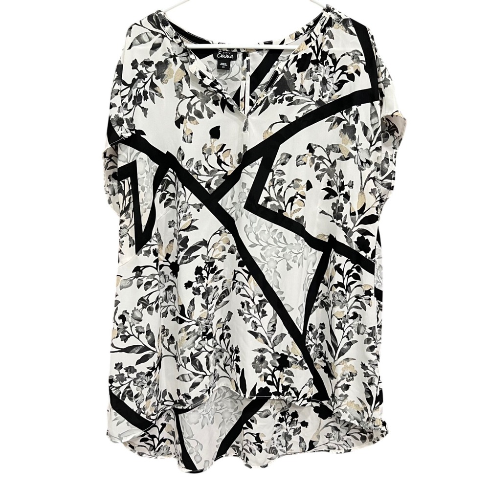 Simply Emma Blouse Top‎ Floral Print Black White Geometric 2X